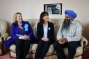 Samantha Cameron (centre) and Brentford and Isleworth Conservative candidate Mary Macleod visit local businessman Baljinder Hansra at his home in Hounslow, West London today.