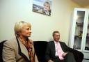 UKIP leader Nigel Farage with parliamentary candidate Jane Collins at the UKIP office in Rotherham.