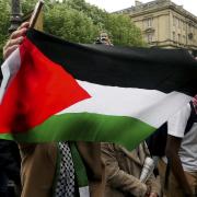 A protester waves a flag during a protest in solidarity with Palestinians, in Paris, Wednesday, May 12, 2021. (AP /Thibault Camus).