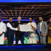 Israel film-maker Nadav Lapid, third left, is honoured by Indian ministers at the International Film Festival of India in Goa