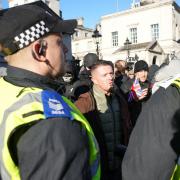 Tommy Robinson speaks to police officers as he arrives at the Cenotaph in Whitehall, central London, ahead of a pro-Palestinian protest march which is taking place from Hyde Park to the US embassy in Vauxhall. (Saturday November 11, 2023.)
