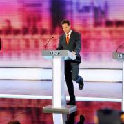 servative Party leader David Cameron, Liberal Democrat leader Nick Clegg and Prime Minister Gordon Brown, during the final leaders' election debate of the 2010 General Election campaign