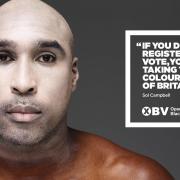 Operation Black Vote of a poster featuring Sol Campbell, one of four black British stars appearing with white faces in a hard-hitting new campaign to encourage minorities to register to vote ahead of the general election.