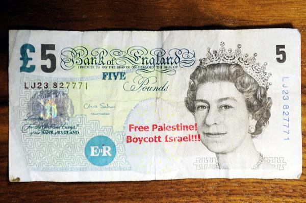  A £5 note with the anti semetic message stamped on it stamped on at Willows News, Willows Lane, Daubhill