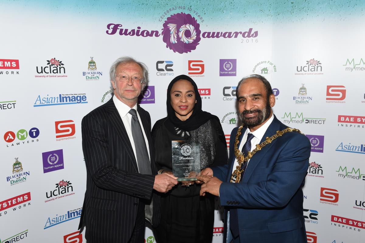 Cllr Phil Riley and the new Mayor of Blackburn Hussain Akhtar presented the Community Cohesion Award to ARC