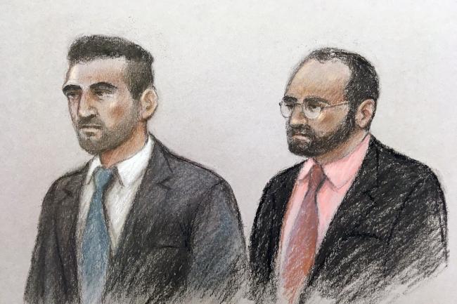 Court artist sketch by Elizabeth Cook of Vincent Tappu (left) and Mujahid Arshid in the dock of the Old Bailey, London where Arshid is on trial accused of the kidnap, rape and murder of his niece, Celine Dookhran, and the attempted murder of another woman