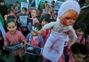 Children in the West Bank demonstrate against the attacks in Gaza (Picture PA)