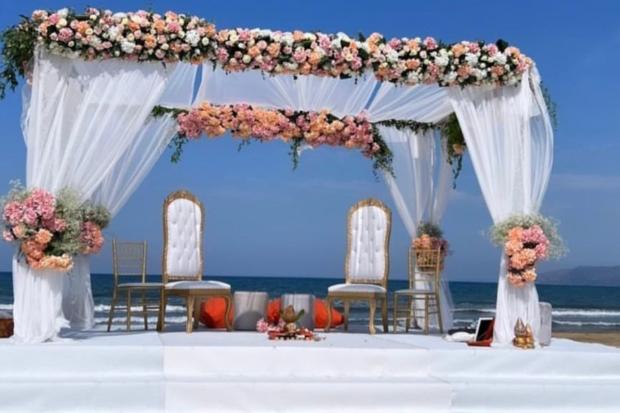 Asian Image: The breath-taking beach location of the Mandap, the wedding temple. 