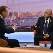 Chancellor of the Exchequer Sajid Javid, with host Andrew Marr, appearing on the BBC1 current affairs programme, The Andrew Marr Show. (BBC/PA)