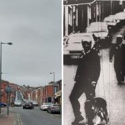 Present day Charlotte Street, Blackburn and (right) police dogs on the streets of Brookhouse in late July 1992 (LT Archive)