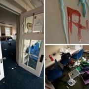 The  scale of the damage at Springhill Community Centre in Accrington and just one of the Swastikas which was drawn on to the wall