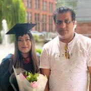 Syeda at her graduation with her dad Mukarram Ali of Blackburn who was diagnosed with colorectal cancer in June.
