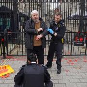 Police officers detain a person outside Downing Street in London, following a protest calling for a ceasefire