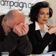 Alexei Sayle and Bianca Jagger during a Stop the War Demonstration press conference