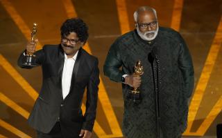 MM Keeravaani, left, and Chandrabose, winners of the award for best original song for Naatu Naatu from the film RRR